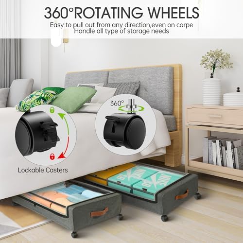 Yecaye Under Bed Storage with Wheels, 4 Pack Under Bed Rolling Storage with Clear Window & Label, 60 L Underbed Storage Containers, Rolling Under Bed Metal Drawer for Clothes, Shoes, Books - Image 4