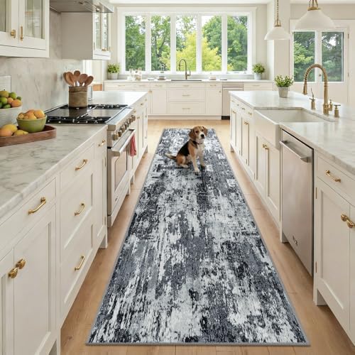 RELEANY Washable Runner 2'6"x10' Abstract Area Rug for Hallway Black White by RELEANY