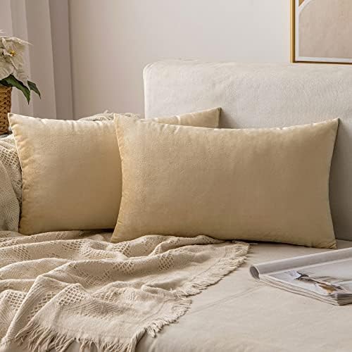 MIULEE 12x20 Inch Lumbar Velvet Throw Pillow Covers Beige by MIULEE