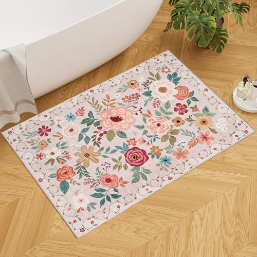 DUKINO 2x3 Entryway Rug, Floral Door Mat Soft Washable Rug Non Slip, Beige - Image 4