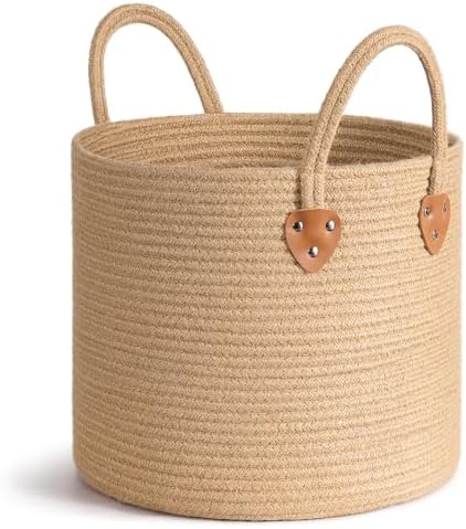 CHICVITA Jute Wicker Storage Basket with Leather Handles, 14" x 12"，Jute by CHICVITA