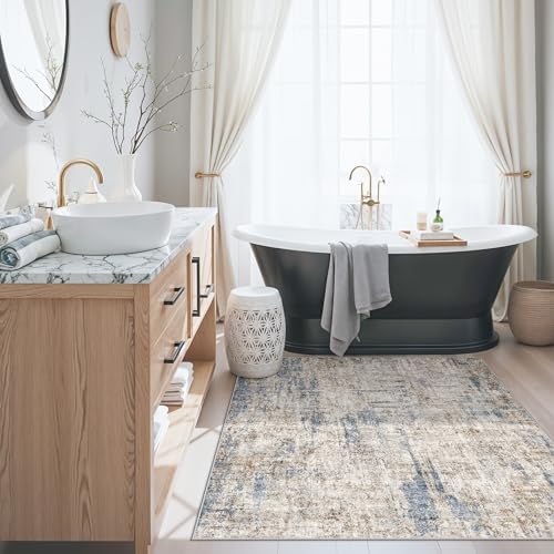 4x4 Square Entryway Rug Washable – Non-Slip Small Area Rug for Kitchen or Bathroom, Soft Low-Pile Indoor Mat, Modern Abstract Thin Door Carpet (Blue Brown) - Image 4