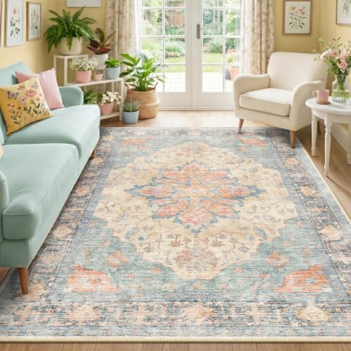 RELEANY Washable Area Rug, 5'x7', Blue/Orange/Red by RELEANY