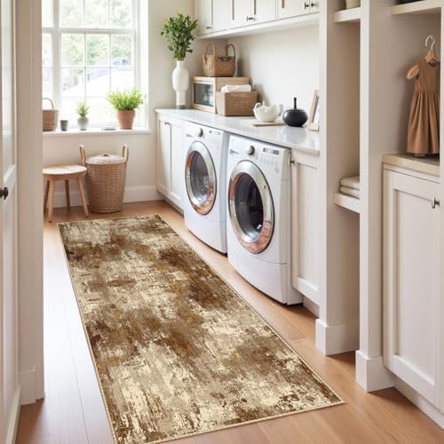 RELEANY Washable Runner 2'x8' Abstract Area Rug for Hallway Brown Tan - Image 3