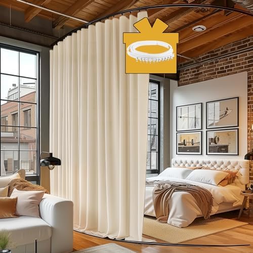 Room Divider Curtains with Ceiling Track, 95% Blackout Heavy Curtains Noise Reduction Privacy Curtain System Kits, 15 ft Wide x 7 ft Tall, Cream Beige, 1 Panel by RoomDarkning