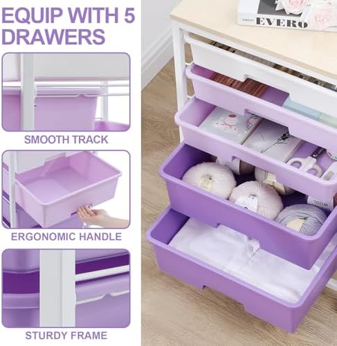 SYKIARIOL Utility Cart with 5 Drawers with Wooden Top,Purple - Image 4