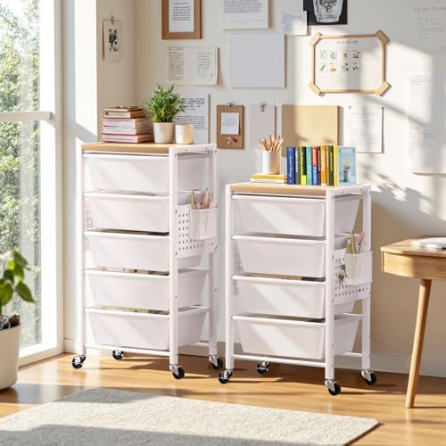 Rolling Cart with 5 Drawers, Plastic Drawer Storage Carts with Wheels & Wooden Tabletop, Metal Utility Cart with Pegboards, Office Living Room Classroom Craft Organization and Storage, Bright White - Image 2