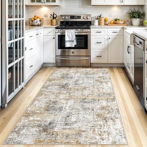 4x8 Washable Area Rug – Non-Slip Rubber Backed Indoor Rug for Entryway, Kitchen, Hallway | Modern Abstract Neutral Low Pile Thin Floor Mat for Bedroom, Living Room, Office (Gold Grey) - Image 3