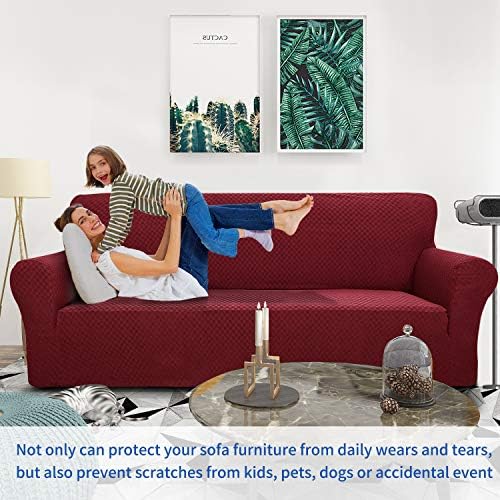 ZNSAYOTX 1 Piece Jacquard Couch Covers for 3 Cushion Couch High Stretch Sofa Cover for Pets Dogs Anti Slip Extra Large Sofa Slipcovers Furniture Protector (XL Sofa, Wine Red) - Image 2