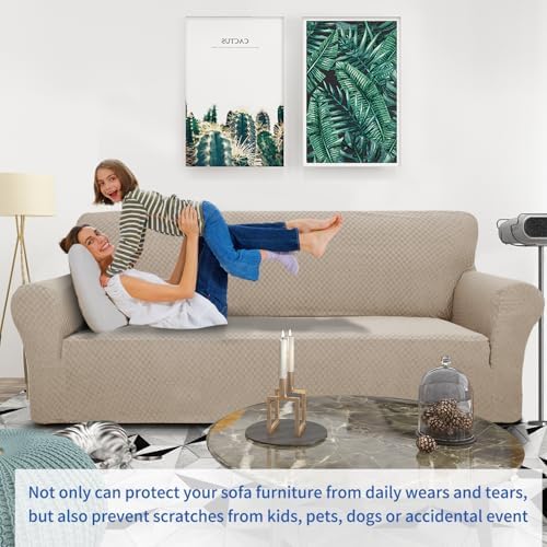ZNSAYOTX 1 Piece Jacquard Couch Covers for 2 Cushion Couch High Stretch Loveseat Slipcover for Pets Dogs Anti Slip Love Seat Sofa Slipcover Furniture Protector (Loveseat, Khaki) - Image 2