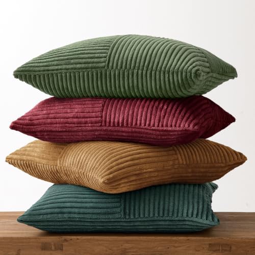 MIULEE Boho Christmas Green Decorative Throw Pillow Covers 20x20 Set of 4 Farmhouse Cushion Covers Color-Clash Corduroy Pillow Cases Modern Soft Corduroy Patchwork Home Decor for Couch Sofa Bedroom - Image 6