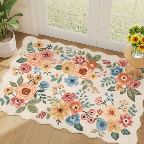 DUKINO 2x3 Rug for Entryway, Floral Door Mat Washable Rug, Beige Yellow by DUKINO