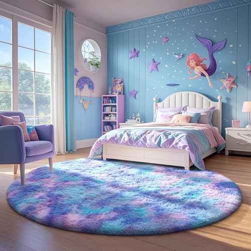 Ophanie Round Rugs 5Ft Tie-Dye Rainbow Purple Area Rug,Aesthetic Room Decor,Fluffy Fuzzy Bedroom Carpet,Plush Soft Shaggy Colorful Living Room Rugs for Kids Home,Nursery with Over 99 pcs Pile fibers - Image 5