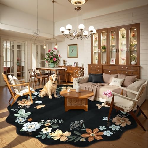 Lahome Floral Washable Round Area Rug, Soft Round Rugs 6ft Ultra-Thin Black - Image 2