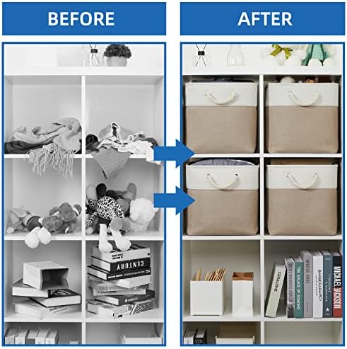 Temary 4 Pack Cube Storage Bins Cloth Baskets for Shelf, Fabric Storage Cubes 12 x 12 Baskets Gift Empty Basket with Handles, Basket for Storage (White&Khaki) - Image 6