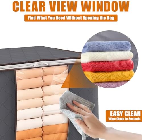 90L Large Foldable Storage Bags with Lids, 6 Pack - Closet Qrganizers and Storage Containers for Clothes, Blankets, Bedding | Reinforced Handles, Home Storage Bins, Gray - Image 3
