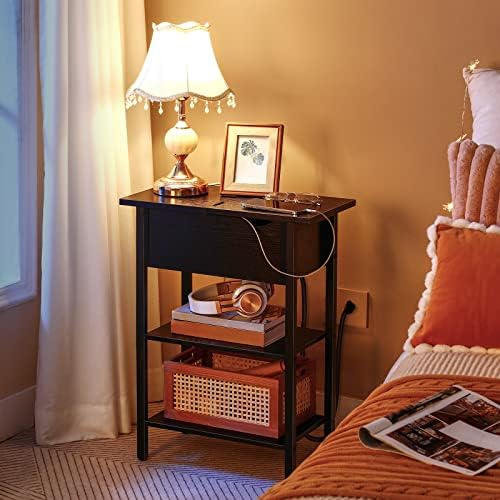 HOOBRO Side Table, Flip End Table with Charging Station and Shelves, USB Ports & Power Outlets, Narrow Nightstand for Small Spaces, Stable and Sturdy, for Living Room, Black BK341BZ01 - Image 4