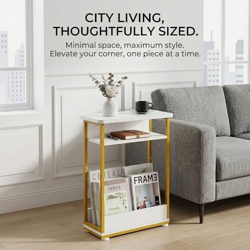 Narrow Side Table,3-Tier Slim End Table with Storage Shelf,Modern Sofa Table Thin Side Table for Small Spaces, Skinny Bedside Table Small Nightstand with Magazine Rack Space Saving/White+Gold - Image 6