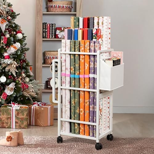 Aquzee Gift Wrapping Paper Organizer Storage, Rolling Gift Wrap Storage Stand, Vertical Wrapping Paper Storage Cart, Ribbon Organizers, 12 PCS Slap Bracelets, Adjustable Rod Design, White - Image 3