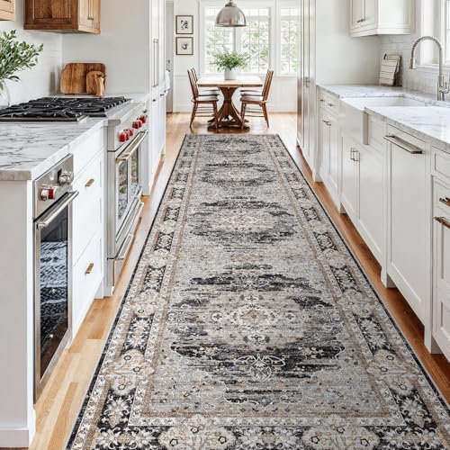4x12 Washable Hallway Runner Rug - Non-Slip Vintage Kitchen Rugs Black Gray - Image 2