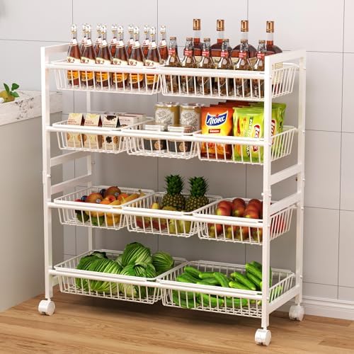 Cinati 4-Tier Snack Cart with Wheels, 29''W Toy Storage Organizer, Rolling Pantry Storage Cart with 10 Wire Baskets & Handle,Adjustable Metal Snack Rack, Kitchen Organizer for Fruit, Vegetables(White) by Cinati