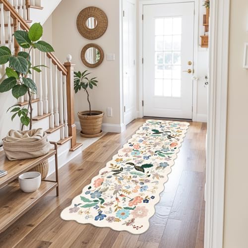 2x6 Washable Hallway Runner Rug: Floral Kitchen Rugs with Non-Slip Backing Vintage Low Pile Entryway Carpet for Living Room Bedroom Ultra Soft Water Resisitant Floor Mat for Bathroom Laudry(2x6,Cream) - Image 3