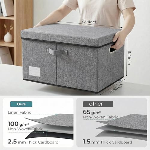PRANDOM Storage Bins with Lids [3-Pack] Linen Fabric Foldable Storage Boxes Organizer Containers Baskets Cube with Cover for Bedroom Closet Office Grey(23.4X15.9X11.4) - Image 3