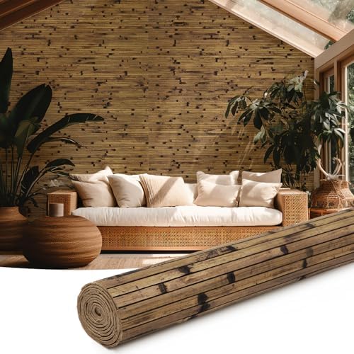 Juexica 1 Pcs Natural Bamboo Wall Panel for Interior Wall 48''x96'' Bamboo Covering Renewable Pole Wainscoting Room Divider Wrap Decor for Bedroom Living Room Kitchen Island Office (Dark Burned) by Juexica