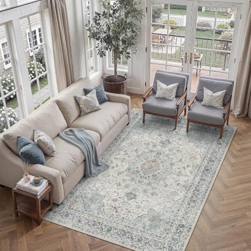 5x7 Washable Area Rug Navy Blue Non Slip Vintage Carpet by WondRg