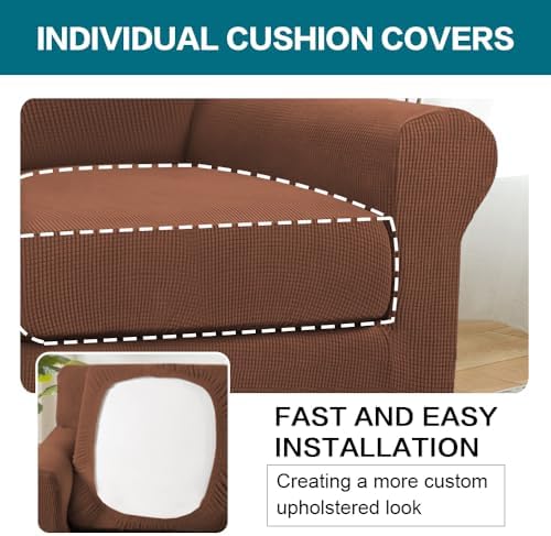 Turquoize 2 Piece Chair Covers Chair Slipcovers for Living Room Armchair Couch Cover Chair Sofa Cover with Individual Cushion Covers Furniture Cover for Chairs Feature Jacquard Fabric (Chair, Caramel) - Image 5