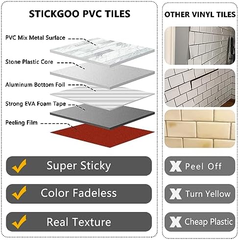 STICKGOO 2 Sheets Peel and Stick Backsplash Tile, Stick on Backsplash for Kitchen and Bathroom, Volakas White Look PVC Mixed Metal Silver Self Adhesive Wall Tiles - Image 4