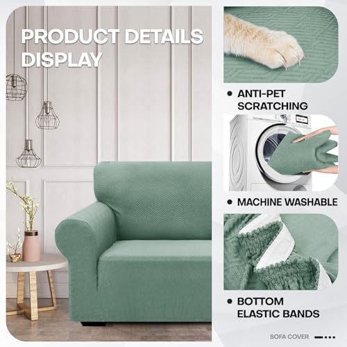 ZNSAYOTX 1 Piece Jacquard Couch Covers for 2 Cushion Couch High Stretch Loveseat Slipcover for Pets Dogs Anti Slip Love Seat Sofa Slipcover Furniture Protector (Medium,New Pattern Pea Green) - Image 3
