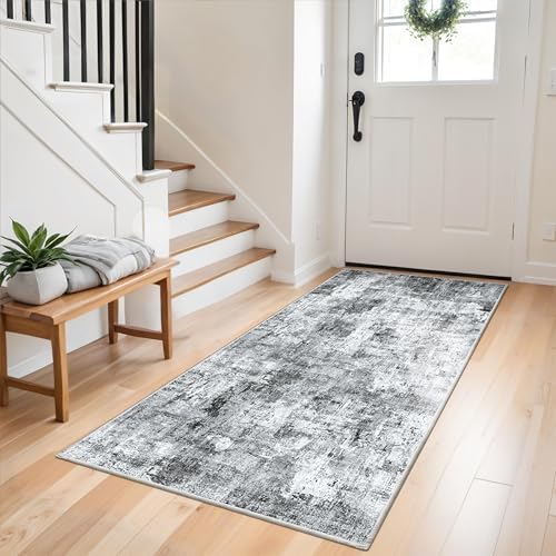 3x6 Washable Wide Runner Rug – Non-Slip Floor Carpet Runner for Kitchen Entryway Hallway Bathroom, Modern Abstract Low Pile Thin Area Rug (Grey) by ZHXXUJ