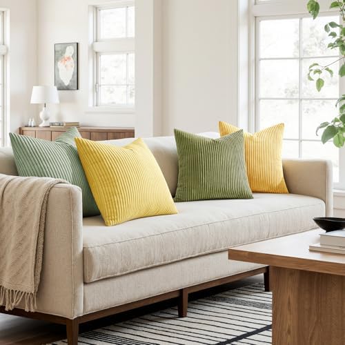MIULEE Soft Corduroy Decorative Throw Pillow Covers Yellow Green 18x18 - Image 3