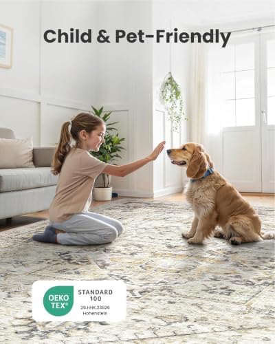 AMADA HOMEFURNISHING Washable Area Rug, Low-Profile Large Area Rug with Non-Slip Backing & Durable Edge Binding, Vintage Large Rugs for Living Room, Bedroom, Dinning Room, 8x10, Grey/Beige - Image 5