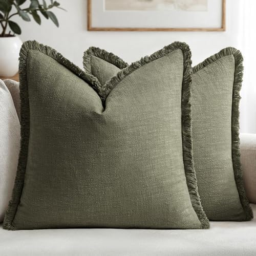 MIULEE Linen Fringe Decorative Euro Throw Pillow Covers Olive Green 22x22 by MIULEE