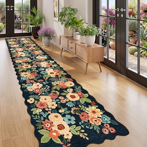 DUKINO 2.6x12 Washable Runner Rug, Floral Non Slip Kitchen Rug, Navy Blue - Image 3