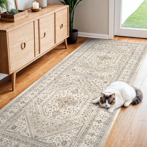 2x7 Washable Hallway Runner Rug - Non-Slip Vintage Kitchen Rugs Beige Gray by Puino