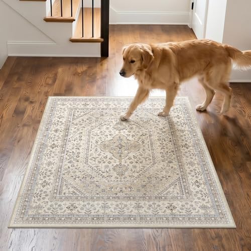 Puino 3x3 Square Washable Area Rug - Non-Slip Vintage Throw Rugs Beige Gray - Image 7