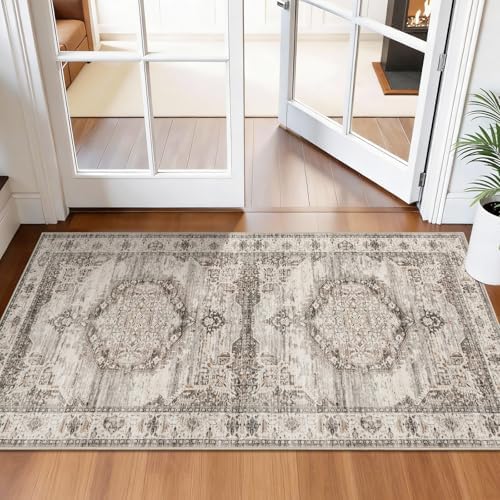 Washable Area Rugs 2x4 Entryway: Soft Ultra Thin Low Pile Mat Machine Washable Indoor Doormat Lightweight Entry Rug Anti Slip Backing Rugs for Living Room Bedroom Kitchen 2'x4' Beige - Image 2