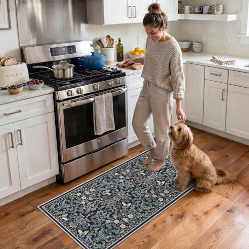 Puino 2x4 Washable Area Rug - Non Slip Vintage Throw Rugs Floral Dark Blue - Image 3