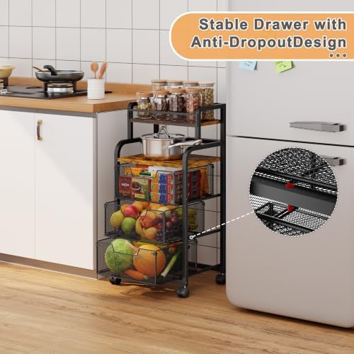 Kitchen Storage Cart with Wheels, Fruit Vegetable Spice Kitchen Rolling Cart, 4 Tier Pantry Organizer and Storage Cart with Drawer, Wooden Top Kitchen Organizer Rack Stand for Onion Potato Can Snack - Image 2