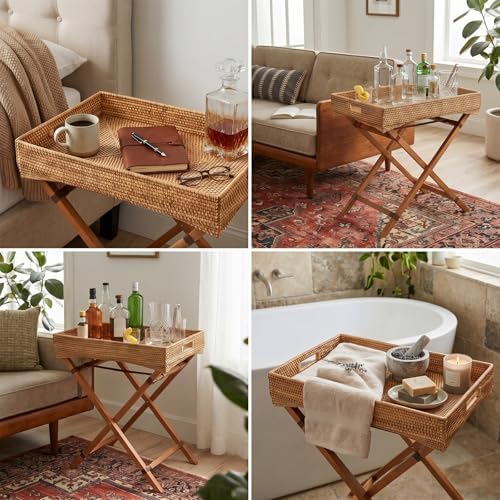 BreezeHug Rattan Side Table with Removable Tray, Foldable TV Tray Table for Couch, Small Space Snack Tables for Living Room, Balcony & Bedroom, Lightweight Wooden Stand - Image 5