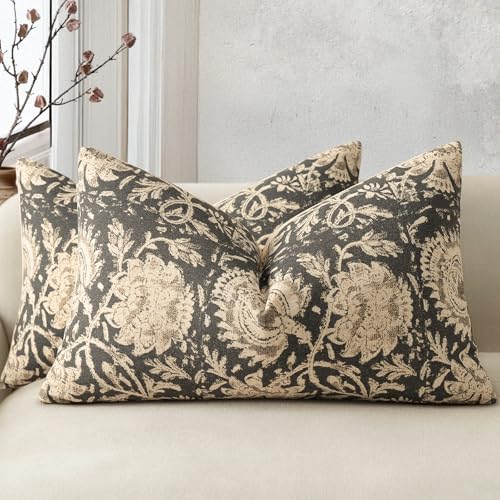 Vintage Floral Print Throw Pillow Covers 12x20 Set of 2 Neutral Modern Farmhouse Pillow Cases Accent Decorative Cushion Covers Boho Home Decor for Couch Sofa Chair Bed Living Room, Black by DKwizme