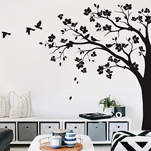 Large Corner Tree Wall Decal with Big Blossoms, Birds and Leaves Nursery Wall Art Sticker Mural 087 (Leaning Left, All Black) by StudioQueeWallDecals