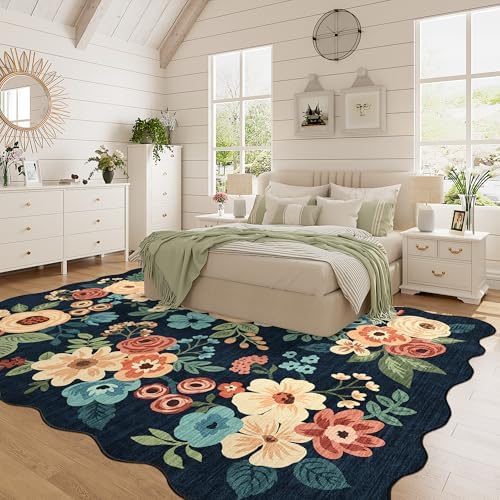 DUKINO 5x7 Area Rugs for Bedroom, Floral Washable Rug Non Slip, Navy Blue - Image 5