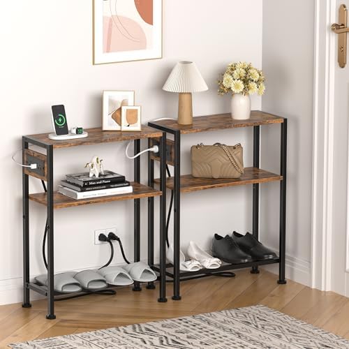 Small Narrow Side Table with Charging Station, Skinny End Table for Small Spaces, Slim Nightstand with Outlets, Sofa Bedside Table in Living Room, Bedroom, Study, Kitchen and Balcony (Rustic Brown) - Image 4