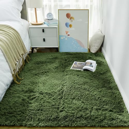 Ophanie Gray Green Grass Area Rugs for Bedroom, 3x5 Shag Fluffy Carpet, Fuzzy Furry Plush Soft Cute Kids Baby Shaggy Bedside Floor Rug for Teen Dorm Home with Over 99 pcs Pile fibers by Ophanie