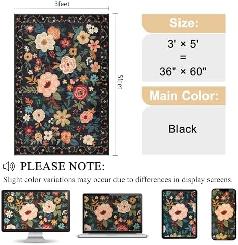 DUKINO 3x5 Area Rug, Floral Washable Rug for Bedroom Non Slip, Black - Image 2