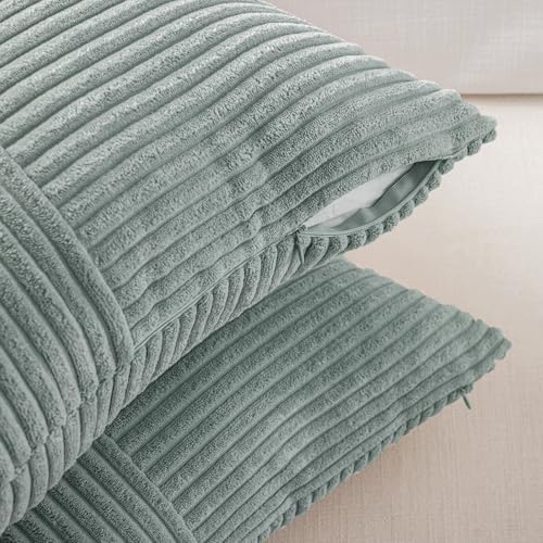 Fancy Homi 2 Packs Grey Blue Samll Decorative Throw Pillow Covers 14x14 Inch with for Couch Bed Sofa, Rustic Farmhouse Boho Home Decor, Soft Corss Patchwork Corduroy Square Cushion Case 35x35 cm - Image 4
